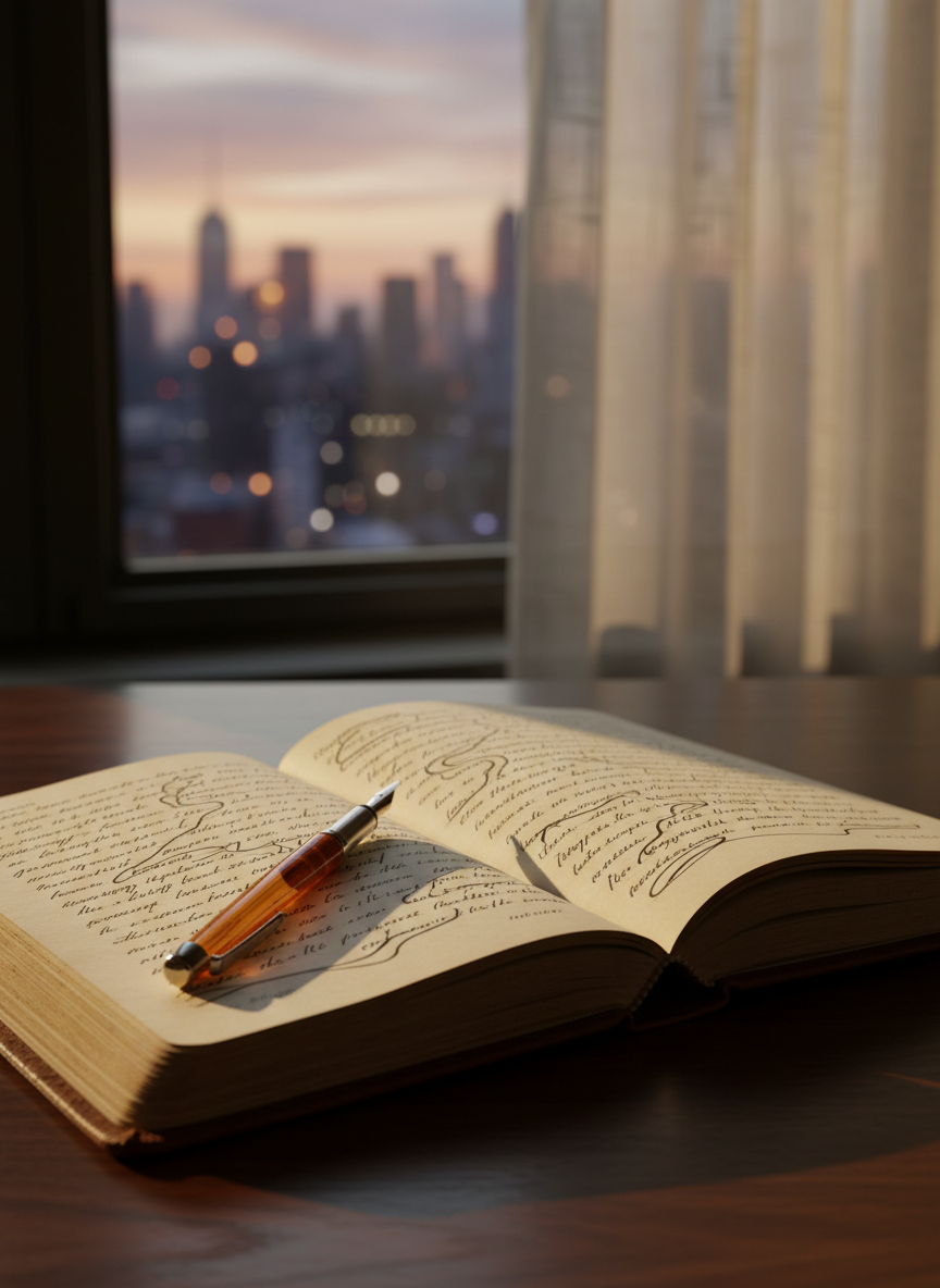 A worn leather-covered journal lies open on a dark walnut writing desk, its cream pages filled with flowing, handwritten lines that curve like small rivers of ink. A slim, vintage fountain pen with a deep amber barrel rests diagonally across the margin, a tiny bead of ink glistening at its tip. In the background, an unfocused glimpse of a city skyline at dusk is visible through a tall window, softened by sheer curtains. Golden hour sunlight pours in from the side, grazing the page edges and casting elongated, contemplative shadows. Photographic realism, eye-level composition with a shallow depth of field keeps the journal in sharp focus while the urban world blurs into soft bokeh, creating a sophisticated, reflective atmosphere perfect for poetry and personal healing.