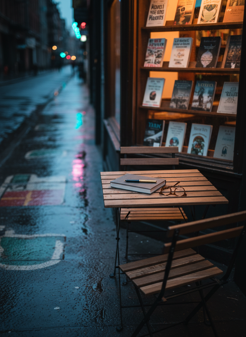 A narrow city street at blue hour, slick with recent rain, where a single wooden café table is positioned beneath a glowing window. On the table sits a charcoal-gray notebook, a closed vintage brass pen on top, and a folded pair of tortoiseshell reading glasses. Inside the café window, shelves of poetry and literary journals blur into a warm, amber haze. Reflections of street murals and faint neon signage shimmer on the pavement. Shot from a slightly elevated angle in photographic realism, with the table in sharp focus and the city softly blurred, the mood is introspective, cinematic, and gently melancholic, suggesting poetry unfolding amid the urban evening.