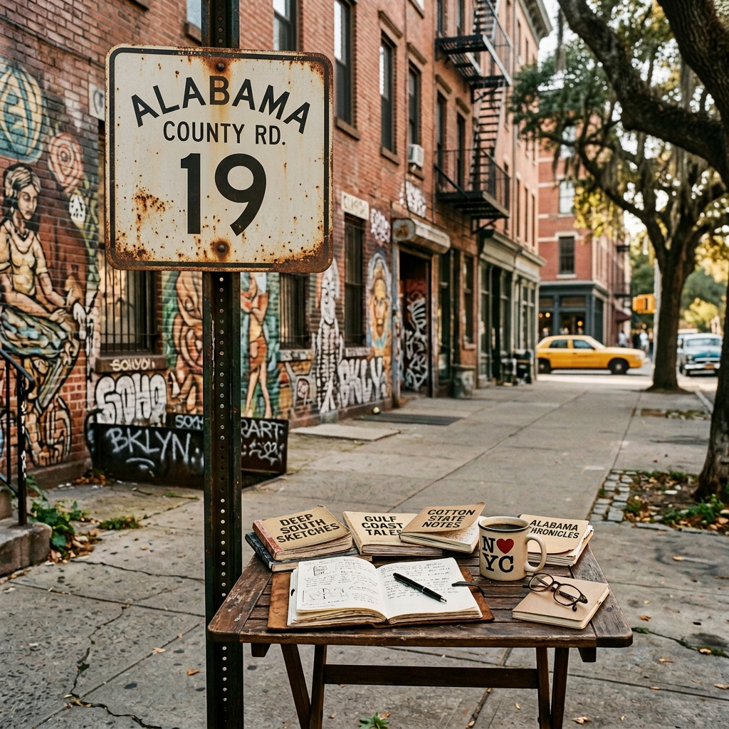 Graffiti-lined New York street with County Road 19 sign and sidewalk writing desk