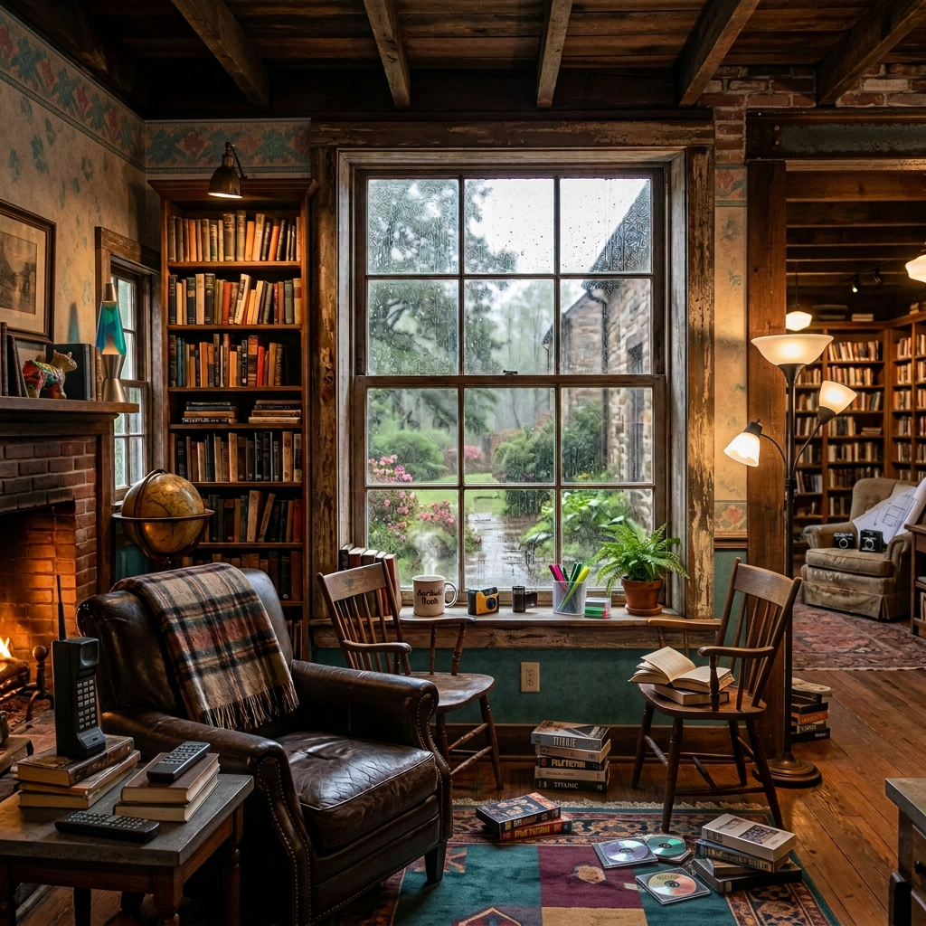 Older woman reading beside a rainy window in a cozy library